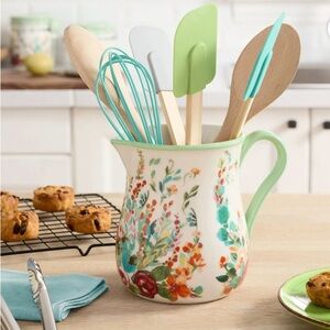 Floral Ceramic Utensil Holder with Kitchen Tools - Multicolor